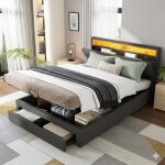 Lit 160x200cm - lit coffre 160x200 et sommier - avec tiroirs & t�te de lit escamotable - lin gris