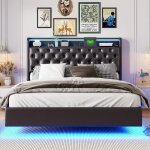 Lit 160x200cm, lit suspendu, lit adulte, lit coffre, led, usb, t�te de lit avec rangement, bandes lumineuses ...