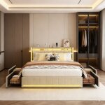 Lit 180 x 200, lit 180x200 avec sommier, cadre de lit, avec port usb et led, 4 tiroirs en fer, avec tete ...