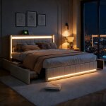 Lit 180x200 cm, lit double adulte, 4 tiroirs, rangement, �clairage led intelligent, t�te de lit usb + ...
