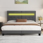 Lit 180x200 cm inre - lit double avec tte de lit en tissu et lampe leds - lit capitonn avec sommier ...