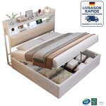 Lit 180x200 - lit coffre - simili cuir - design vintage en bois et m�tal - port de chargement usb - hydrauliqu ...