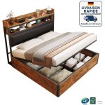 Lit 180x200 - lit coffre - simili cuir - design vintage en bois et m�tal - port de chargement usb - hydrauliqu ...