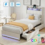 Lit 2 double 90x200 cm avec tiroirs, t�te de lit avec rangement et �clairage led, ports usb + type - ...