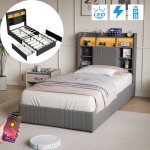 Lit avec 2 tiroirs 90x190 cm - lit simple en lin, t�te de lit avec rangement et �clairage led, sommier ...