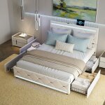 Lit avec 4 tiroirs 140x190 cm, lit capitonn� en velours, avec espace de rangement, led et ports usb, ...