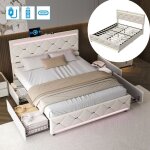 Lit avec 4 tiroirs 140x190 cm, lit capitonn en velours, avec rangement, led et ports usb, sommier  ...