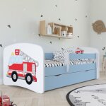 Lit 70x140 cm bleu avec matelas et tiroir dcor camion pompier - heros