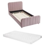 Lit 90 x 190 cm - velours avec coutures verticales - rose + matelas - rogadi Lit 90 x 190 cm - velours avec coutures verticales - rose + matelas - rogadi