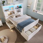 Lit 90x200 cm, lit enfant avec led et usb, tiroirs, banquette, �tag�res, bois blanc, sommier � lattes, ...