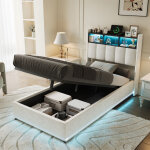 Lit 90x200 avec rangement, lit capitonn� led et recharge - t�te de lit rangement, tissu velours, sommier ...