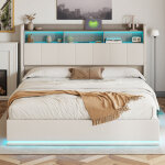 Lit ado 140x200 cm - hydraulique - led et usb - velours blanc - sommier � 12 lattes - cadre de lit 140x200 ...