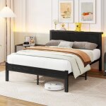 Lit adulte 140 x 200 cm avec rangement, cadre m�tal + mdf, sommier � lattes, noir et brun