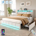 Lit adulte 140x190 cm, 2 places, avec 4 tiroirs et �tag�res de rangement, �clairage led, usb fonction ...