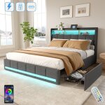 Lit adulte 140x190 cm, 2 places, avec 4 tiroirs et �tag�res de rangement, �clairage led, usb fonction ...