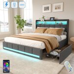 Lit adulte 140x190 cm, 2 places, avec 4 tiroirs et �tag�res de rangement, �clairage led, usb fonction ...