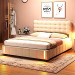 Lit adulte 140x190 cm, 2 places, avec led � induction, espace de rangement, sommier � lattes en bois, ...