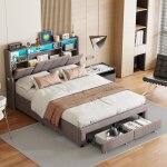 Lit adulte 140x190 cm avec 2 tiroirs, rangement int�gr� � la t�te de lit, �clairage led rvb, station ...