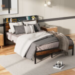 Lit adulte 140x190 cm, cadre de lit double avec �clairage led et t�te de lit rangement, avec station ...