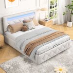 Lit adulte 140x190 cm, lit coffre avec �clairage led, sommier en bois, cadre en m�tal, lit rembourr� ...