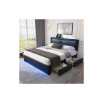 Lit adulte 140x190 cm, lit double capitonn avec port usb et clairage led, 4 tiroirs, similicuir, noir, ...