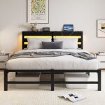 Lit adulte 140x190 cm avec �clairage led, ports usb et t�te de lit, en m�tal et bois, sans matelas, noir ...