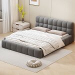 Nmonet - lit capitonn 140x190cm, revtement lin, sommier  lattes en bois massif, lit double adulte, ...