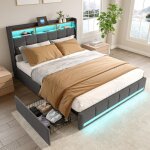 Lit adulte 140x190 avec sommier, lit 140x190 avec rangements, avec 4 tiroirs, t�te de lit ouverte avec ...