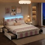 Lit adulte 140x190 avec tiroirs, lit 140x190, lit double, lit capitonn�, t�te de lit souple, led et ports ...