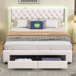 Lit adulte 140x190cm avec 2 tiroirs - lit double avec sommier  lattes et tte de lit led avec port charge ...