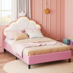 Lit adulte 140x200 cm, 2 places, avec led, couronne, t�te de lit r�glable en hauteur, sommier � lattes ...