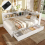 Lit adulte 140x200 cm avec 2 tiroirs, prise �lectrique et 2 ports usb, sommier � lattes, sans matelas, ...