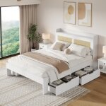 Lit adulte 140x200 cm, lit double avec décor en rotin, tiroirs et espace de rangement, blanc, sans matelas ... Lit adulte 140x200 cm, lit double avec décor en rotin, tiroirs et espace de rangement, blanc, sans matelas ...