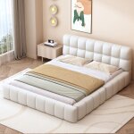 Lit adulte 140x200 cm lit double rembourr� avec dossier moelleux et sommier � lattes, tissu en lin beige, ...