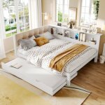 Lit adulte 140x200 cm avec lit gigogne 90x190 cm, �clairage led, �tag�re, port usb, sans matelas, blanc ...