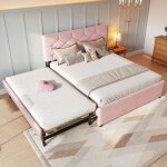 Lit adulte 140x200 cm avec lit gigogne 90x190 cm, sommier � lattes, en velours, sans matelas, rose