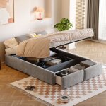 Lit adulte 140x200 cm en lin, 2 places, sans t�te de lit, avec rangement hydraulique et 2 tiroirs, style ...