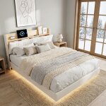 Lit adulte 140x200, lit double avec led et design suspendu, t�te de lit avec rangement et prises usb ...