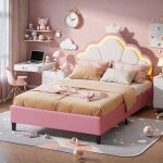 Lit adulte 140x200cm, sommier à lattes, lit princesse avec éclairage led, tête de lit nuage, lit capitonné, ... Lit adulte 140x200cm, sommier à lattes, lit princesse avec éclairage led, tête de lit nuage, lit capitonné, ...