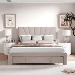 Lit adulte 140x200cm en tissu beige avec grand tiroir, 2 places, lit double sommier  lattes et sommier, ...