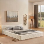 Lit adulte 160×200 cm, lit double, cadre en fer, sommier à lattes, sans matelas, tissu chenille, beige ... Lit adulte 160×200 cm, lit double, cadre en fer, sommier à lattes, sans matelas, tissu chenille, beige ...