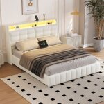 Lit adulte 160 x 200 lit coffre, plateforme rembourr�e pu avec led & port usb, coffre de rangement, blanc ...