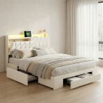 Lit adulte 160x200, 3 tiroirs, ports usb / type - c et prises int�gr�s, lit double capitonn� avec �clairage ...