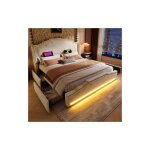 Wishdor - lit adulte 160x200 cm avec 4 tiroirs, �clairage led t�l�command�, port de charge usb - c, sommier ...