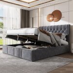 Lit adulte 160x200 cm, lit coffre avec hydraulique, sommier � lattes, style classique, lit double capitonn�, ...