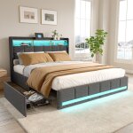 Lit adulte 160x200 cm, lit double avec 4 tiroirs, lit capitonne beige dans lit adulte, avec sommier  ...