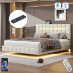 Lit adulte 160x200 cm, avec �clairage led, 2 ports usb, sommier � lattes en bois, cadre de lit suspendu ...