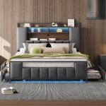 Modernluxe - lit adulte 160x200 cm en similicuir - avec led et prise usb - 4 tiroirs - cadre en fer - ...