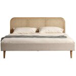 Homifab - lit adulte 160x200 cm en velours c�tel� beige avec t�te de lit en cannage - dalia