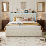 Lit adulte 160x200, lit coffre en velours - sommier � lattes, lit led et ports usb, rangement int�gr� ...